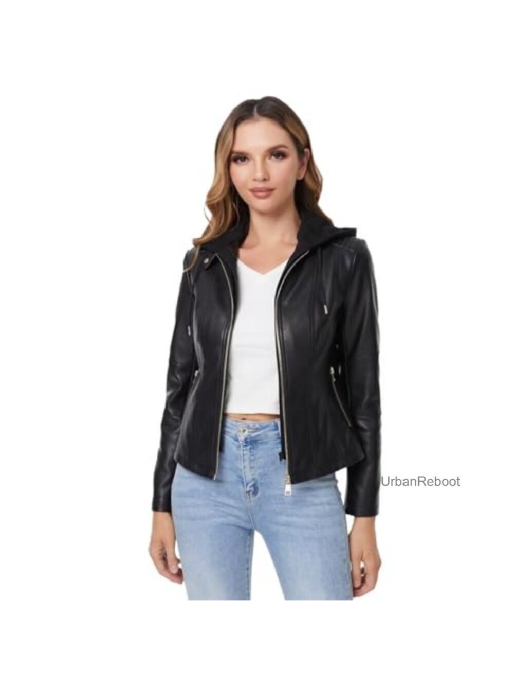 Faux Leather Jacket Removable Hooded Moto Biker Coat Slim Fit Zipper Pockets